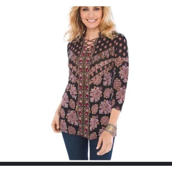 Chico's Parisian Medallion Lace-Up Top SZ 2 (LG) boho flowy 3/4 sleeve neck tie - Picture 1 of 10